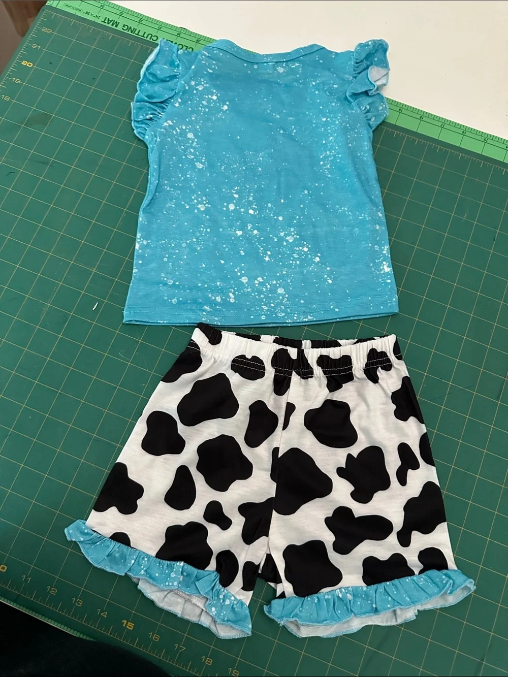 Cow Junkie Girls Matching Set - Turquoise Tee & Cowprint Shorts